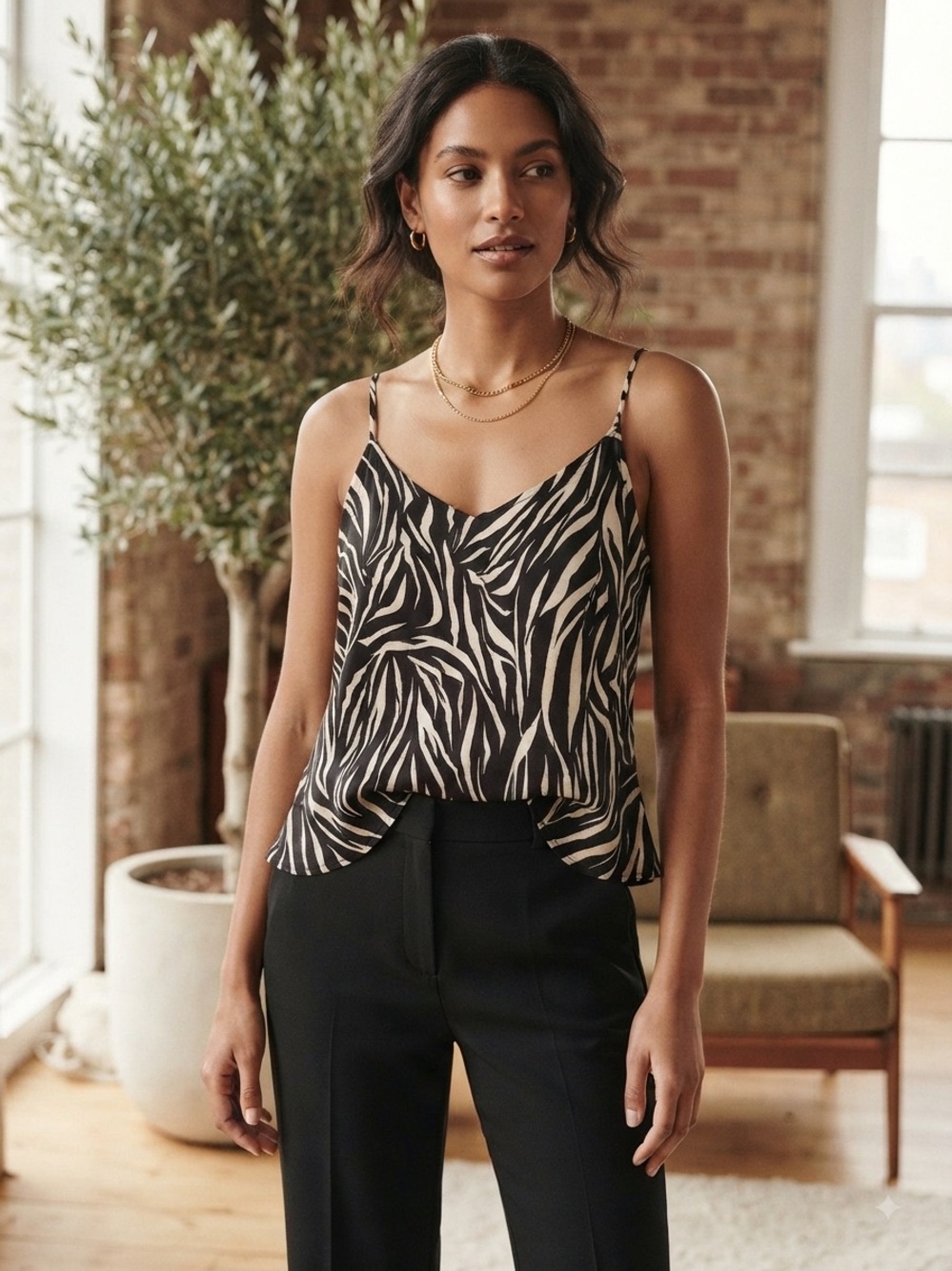 Black and White Zebra Print Spaghetti Strap Women's Top Size M